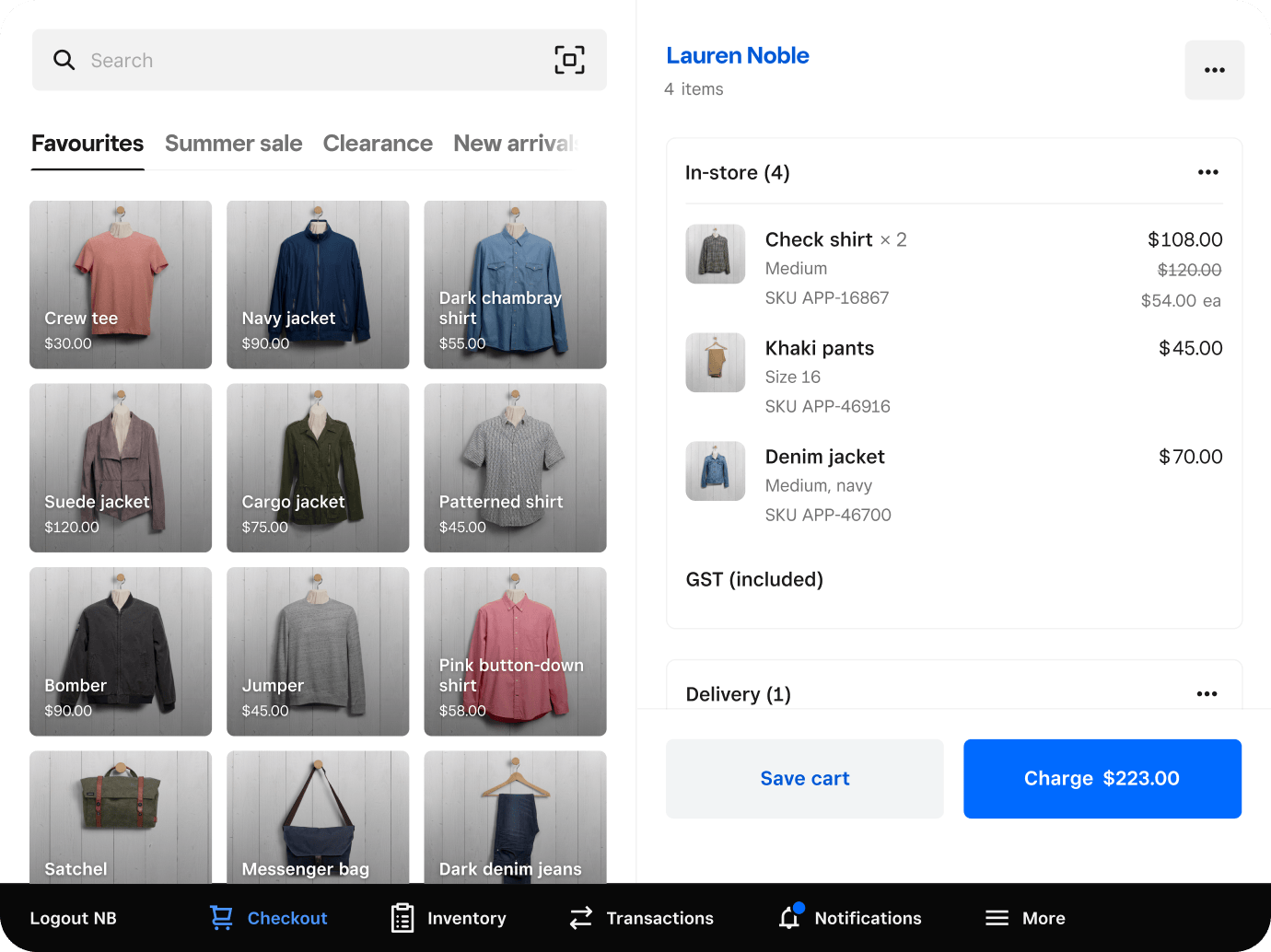 Square Retail POS checkout with a favourites item grid, an in-store cart for Lauren Noble, GST included, and a Charge $223.00 button.